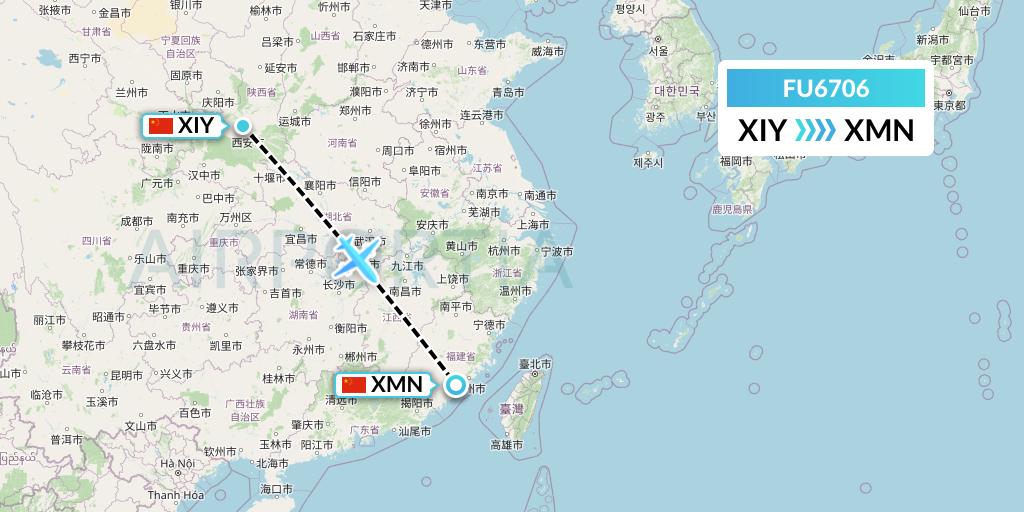 FU6706 Fuzhou Airlines Flight Map: Xi'an to Xiamen