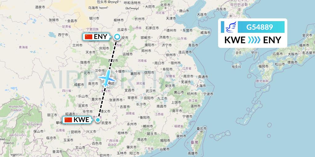 G54889 China Express Airlines Flight Map: Guiyang to Yan'an