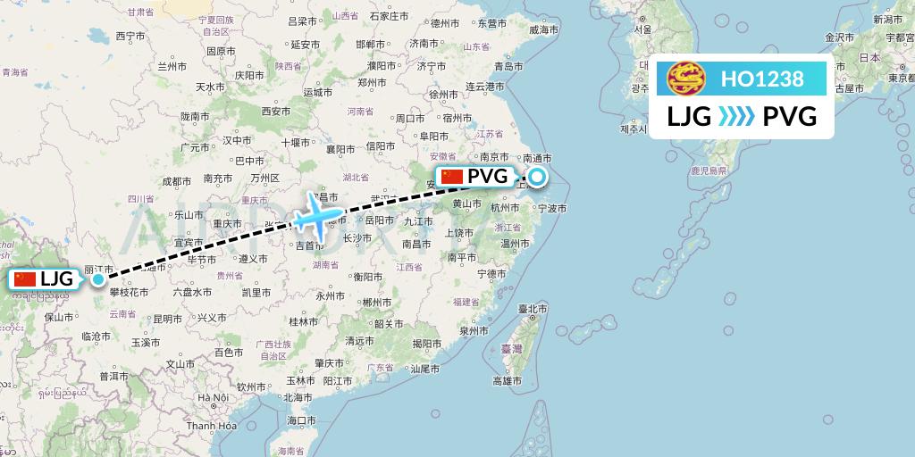 HO1238 Juneyao Airlines Flight Map: Lijiang to Shanghai