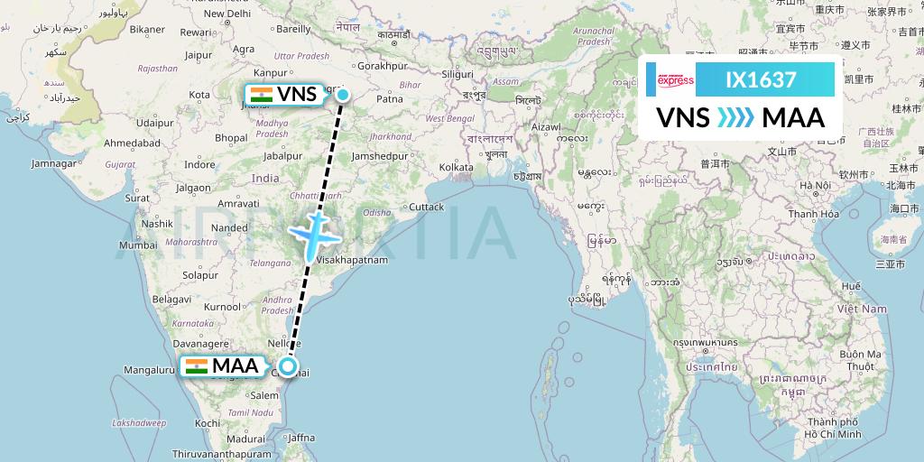 IX1637 Air India Express Flight Map: Varanasi to Chennai