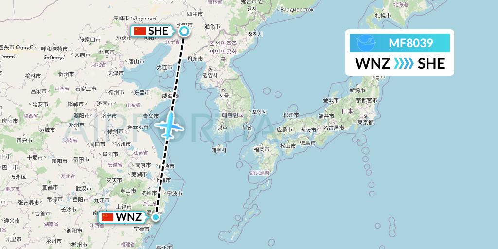 MF8039 Xiamen Airlines Flight Map: Wenzhou to Shenyang