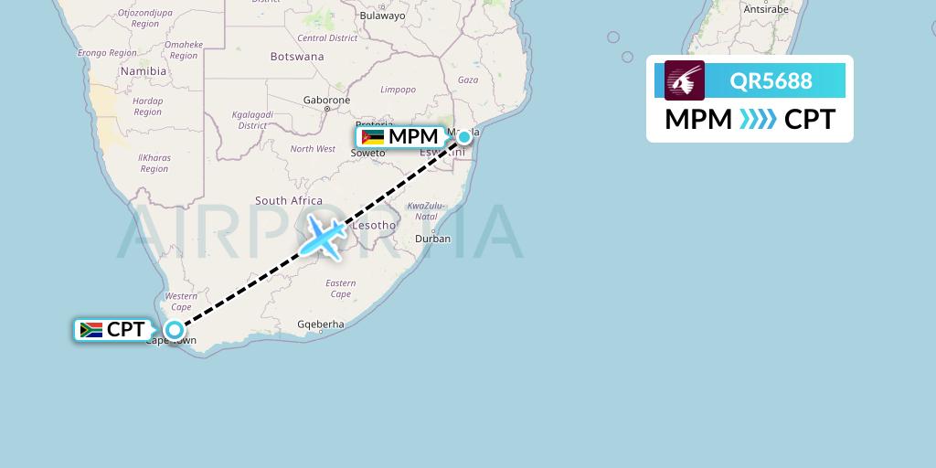 QR5688 Qatar Airways Flight Map: Maputo to Cape Town