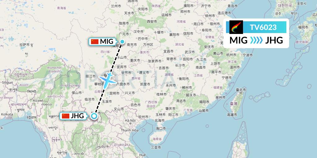 TV6023 Tibet Airlines Flight Map: Mianyang to Jinghong