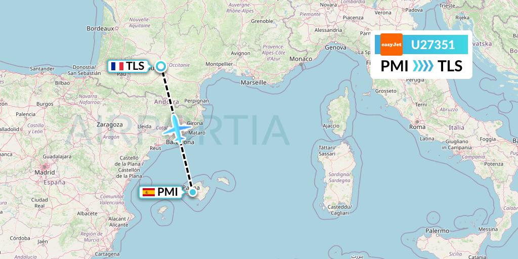 U27351 EasyJet Flight Map: Palma de Mallorca to Toulouse
