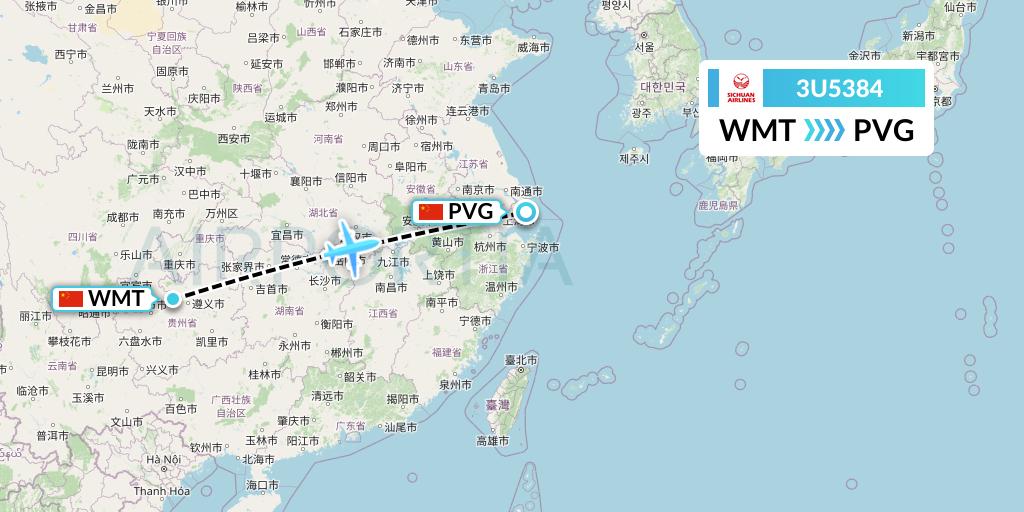 3U5384 Sichuan Airlines Flight Map: Zunyi to Shanghai
