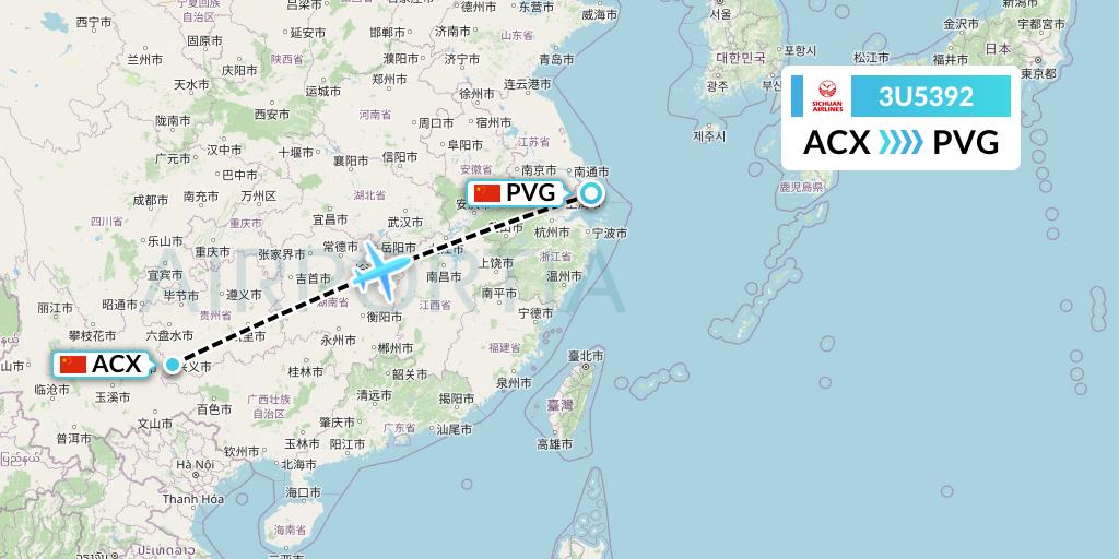 3U5392 Sichuan Airlines Flight Map: Xingyi to Shanghai