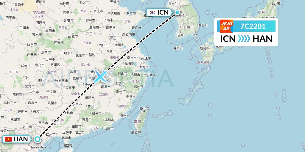 7C2201 Jeju Air Flight Map: Seoul to Hanoi