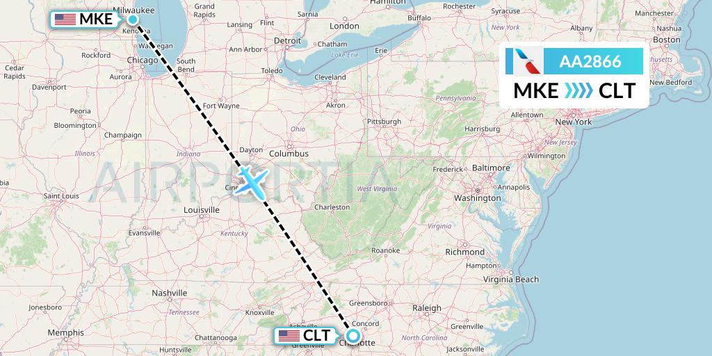 AA2866 American Airlines Flight Map: Milwaukee to Charlotte