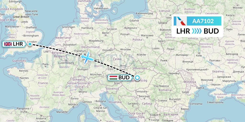 AA7102 American Airlines Flight Map: London to Budapest