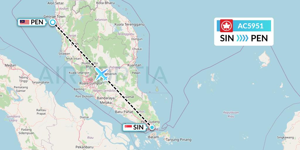 AC5951 Air Canada Flight Map: Singapore to Penang