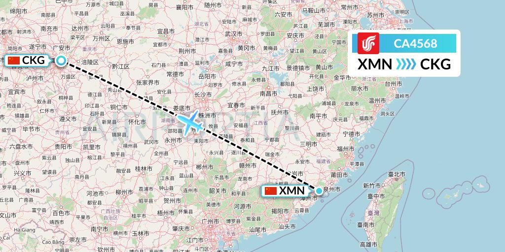 CA4568 Air China Flight Map: Xiamen to Chongqing