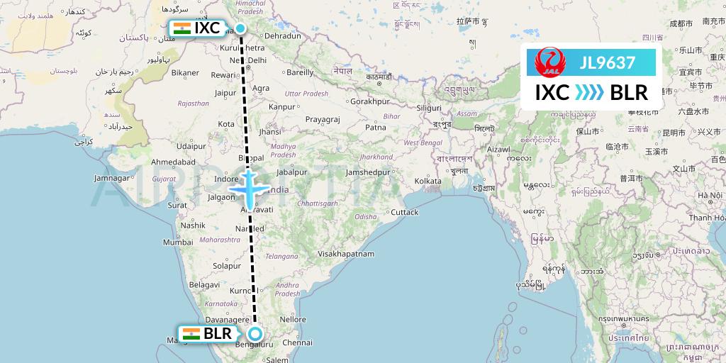 JL9637 Japan Airlines Flight Map: Chandigarh to Bangalore
