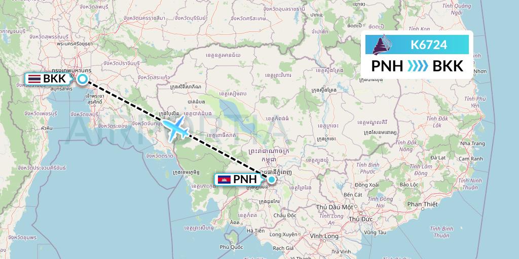 K6724 Cambodia Angkor Air Flight Map: Phnom Penh to Bangkok