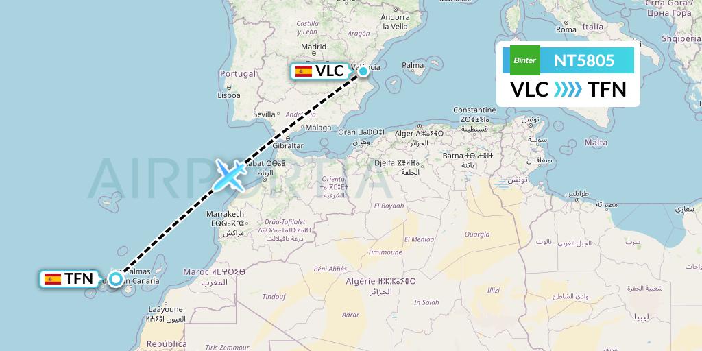 NT5805 Binter Canarias Flight Map: Valencia to Tenerife
