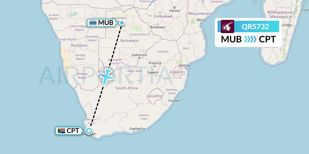 QR5732 Qatar Airways Flight Map: Maun to Cape Town