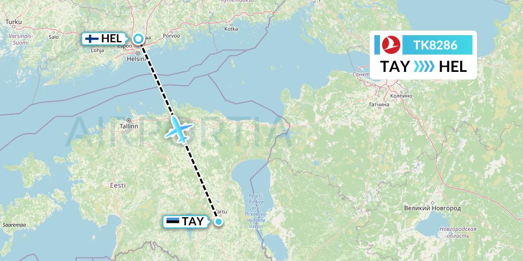 TK8286 Turkish Airlines Flight Map: Tartu to Helsinki