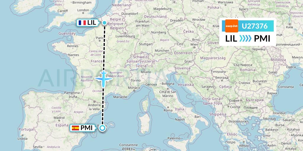 U27376 EasyJet Flight Map: Lille to Palma de Mallorca