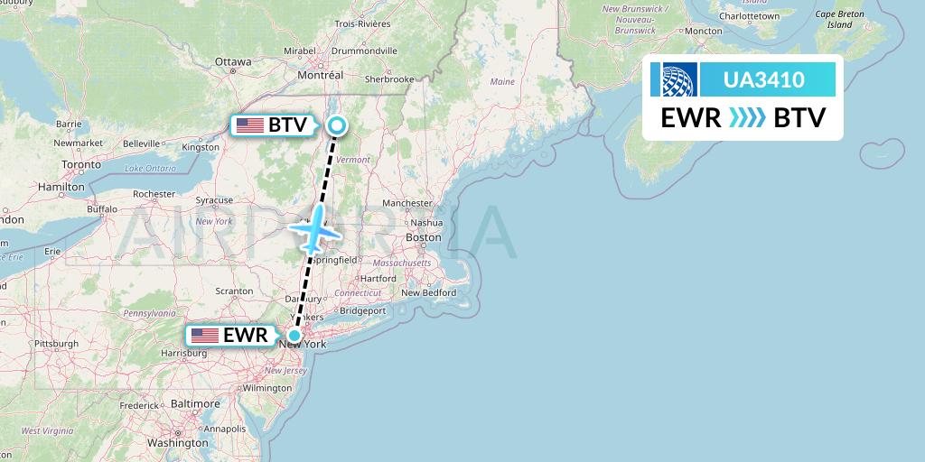 UA3410 United Airlines Flight Map: New York to Burlington