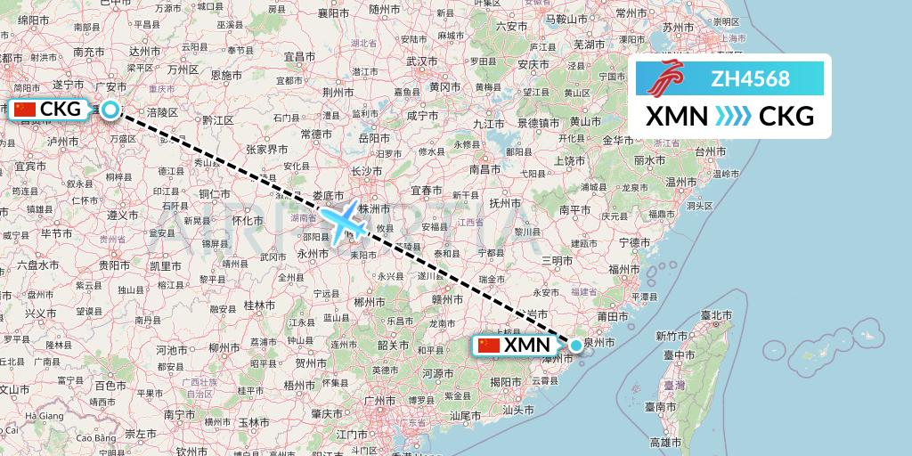ZH4568 Shenzhen Airlines Flight Map: Xiamen to Chongqing