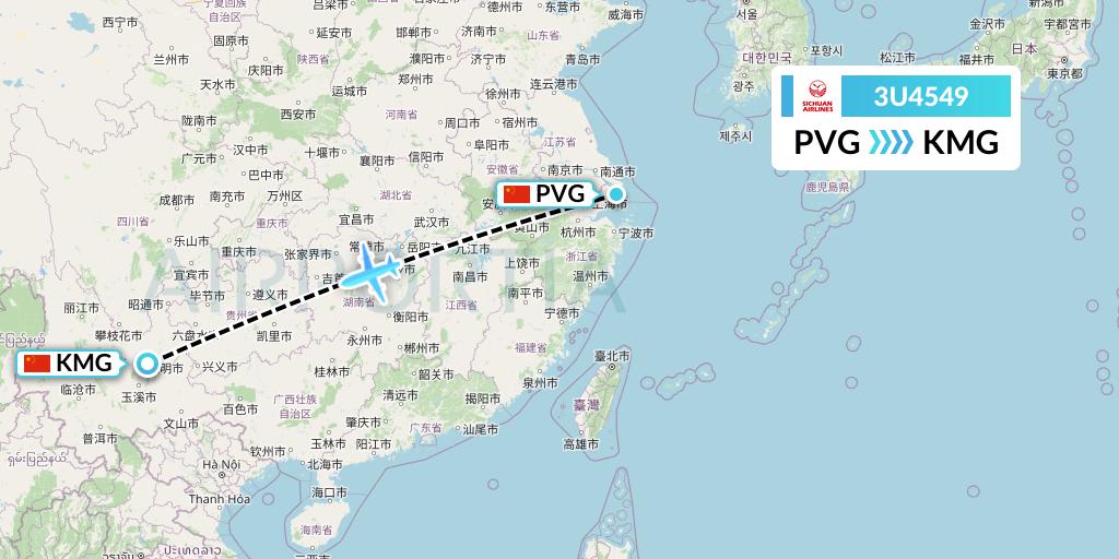 3U4549 Sichuan Airlines Flight Map: Shanghai to Kunming