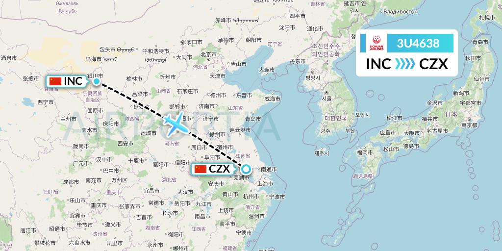 3U4638 Sichuan Airlines Flight Map: Yinchuan to Changzhou