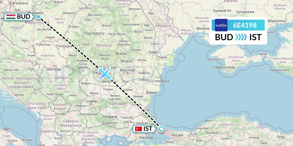 6E4198 IndiGo Airlines Flight Map: Budapest to Istanbul