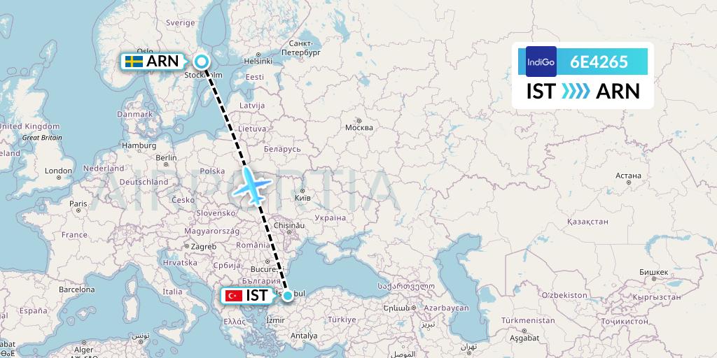6E4265 IndiGo Airlines Flight Map: Istanbul to Stockholm