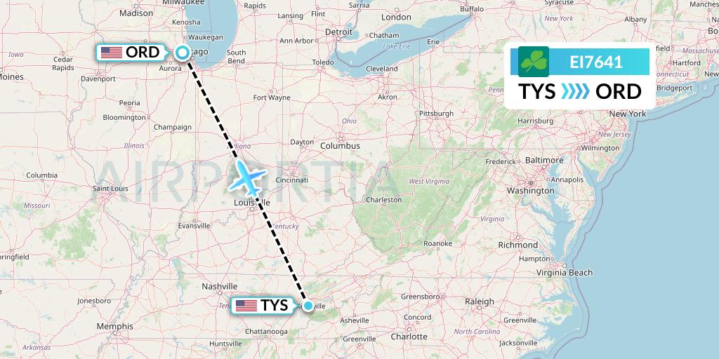 EI7641 Aer Lingus Flight Map: Knoxville to Chicago