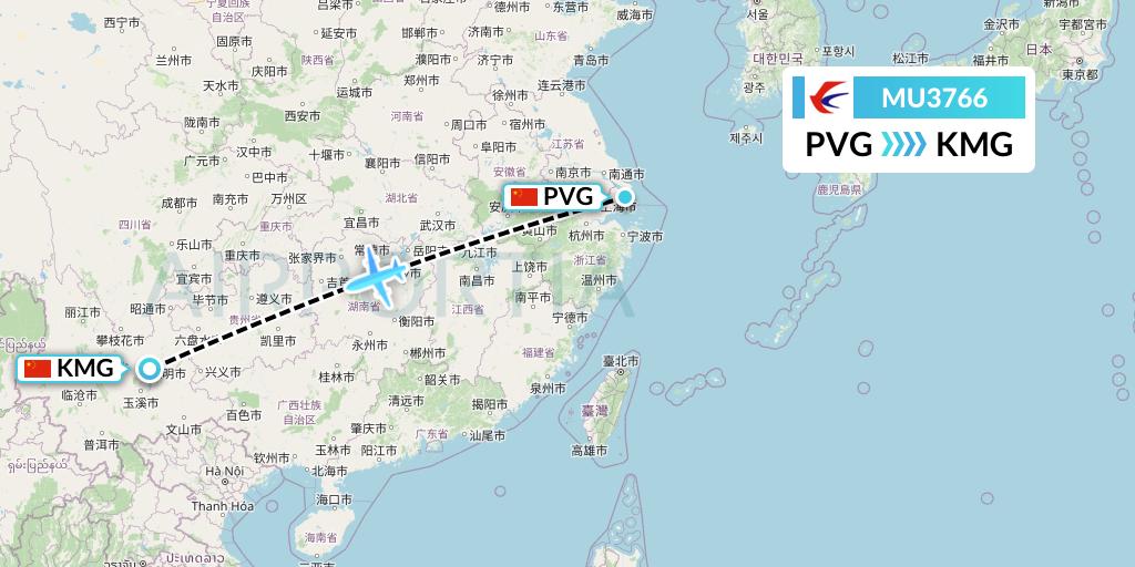 MU3766 China Eastern Airlines Flight Map: Shanghai to Kunming