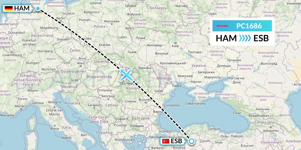 PC1686 Pegasus Airlines Flight Map: Hamburg to Ankara