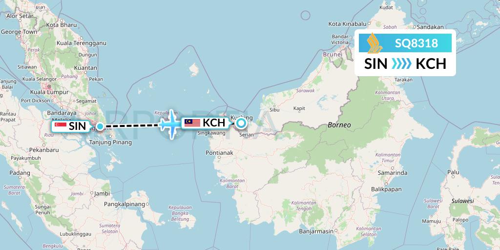 SQ8318 Singapore Airlines Flight Map: Singapore to Kuching