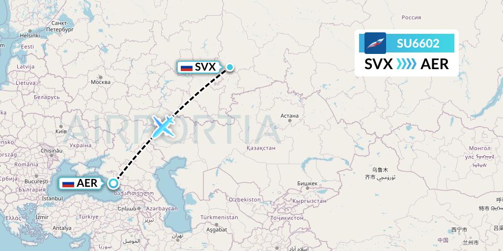 SU6602 Aeroflot Flight Map: Yekaterinburg to Sochi