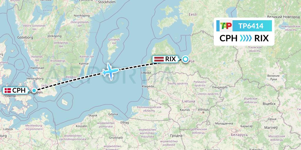 TP6414 TAP Portugal Flight Map: Copenhagen to Riga