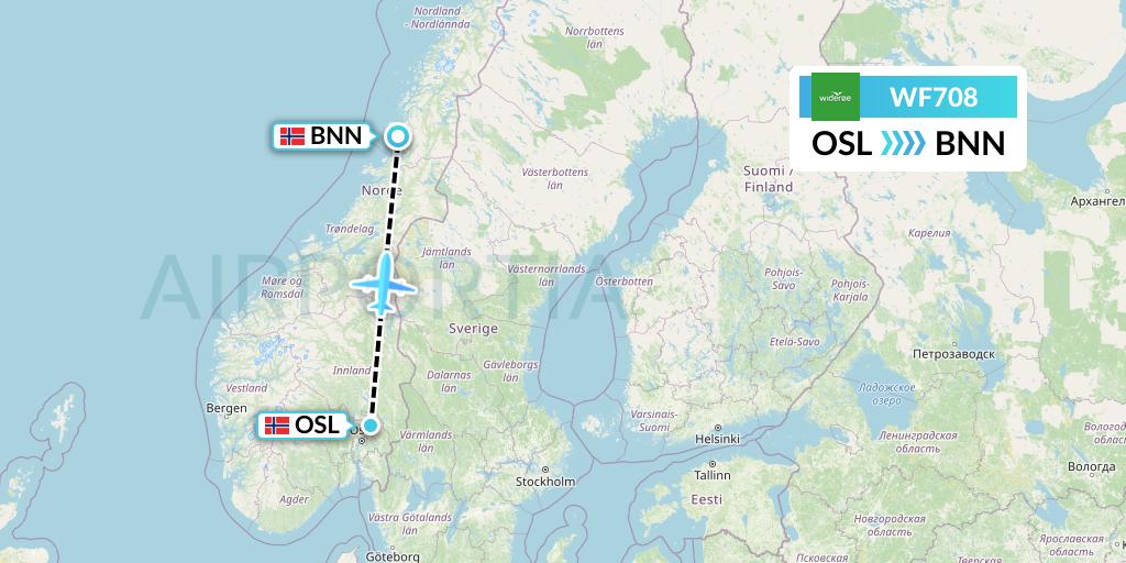 WF708 Wideroe Flight Map: Oslo to Bronnoysund