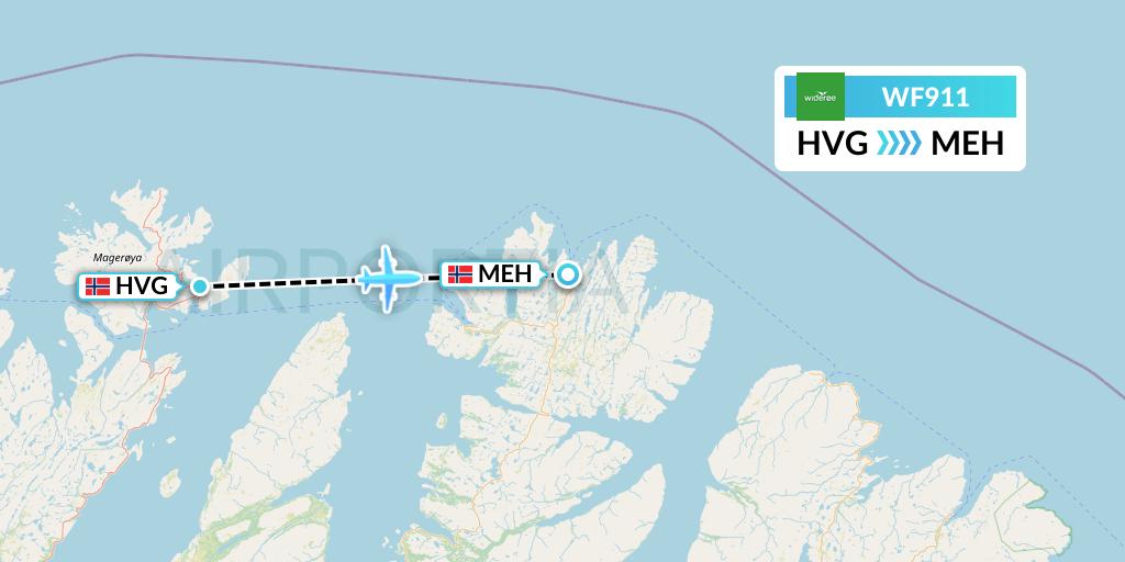 WF911 Wideroe Flight Map: Honningsvag to Mehamn