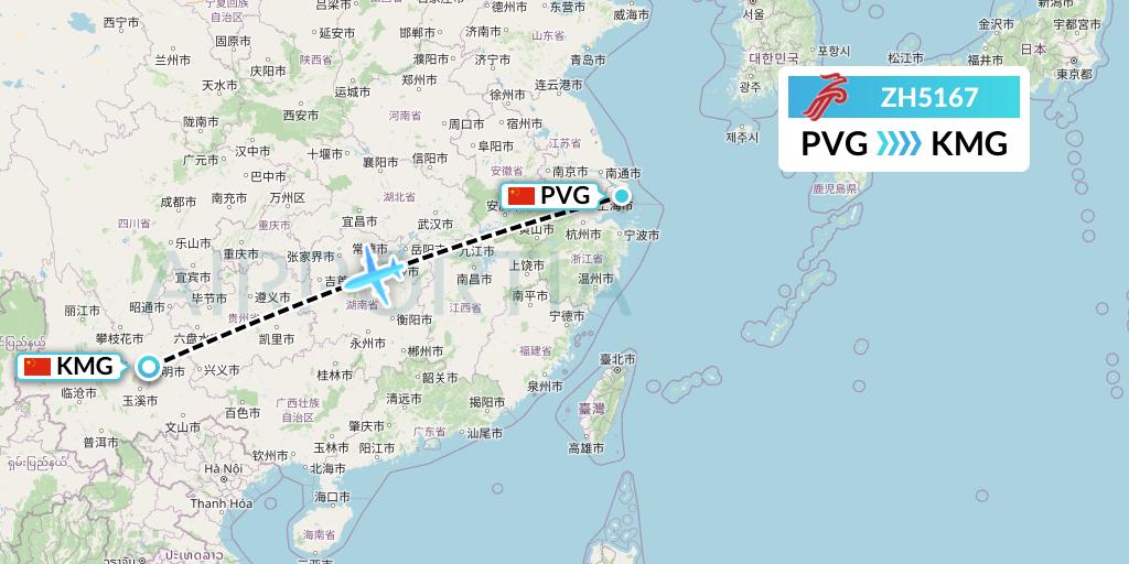 ZH5167 Shenzhen Airlines Flight Map: Shanghai to Kunming