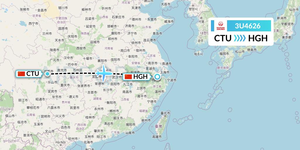 3U4626 Sichuan Airlines Flight Map: Chengdu to Hangzhou