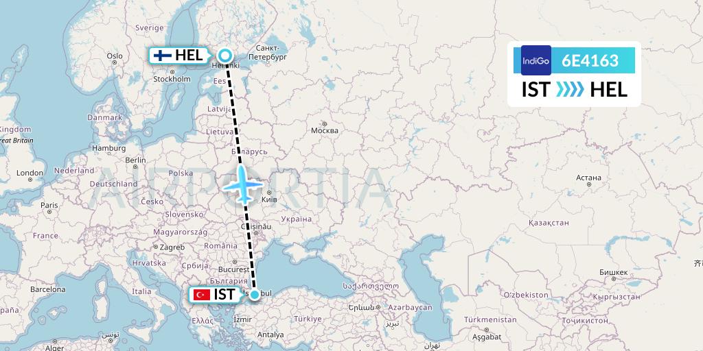 6E4163 IndiGo Airlines Flight Map: Istanbul to Helsinki