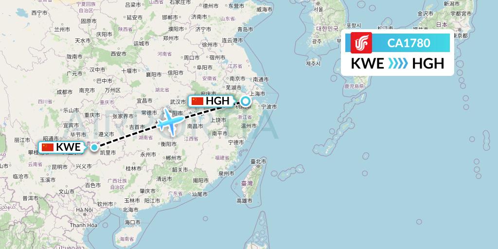 CA1780 Air China Flight Map: Guiyang to Hangzhou