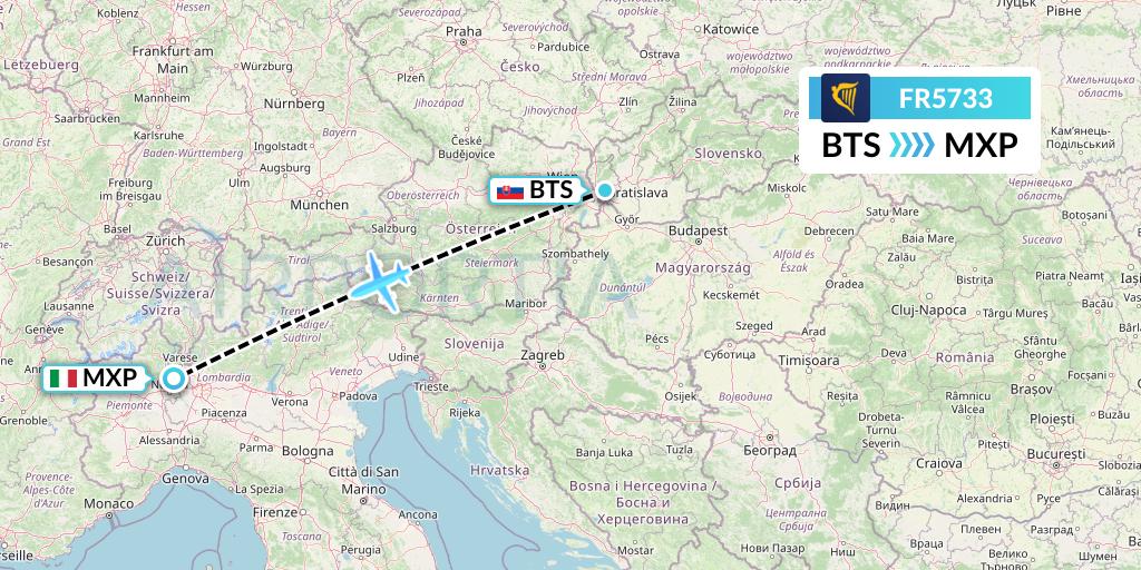 FR5733 Ryanair Flight Map: Bratislava to Milan
