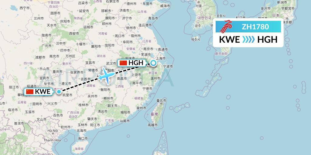 ZH1780 Shenzhen Airlines Flight Map: Guiyang to Hangzhou