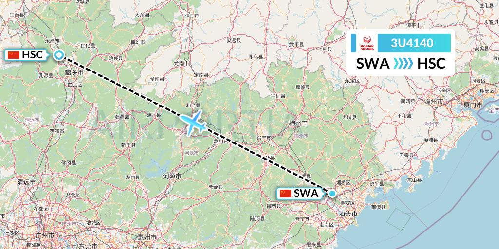 3U4140 Sichuan Airlines Flight Map: Jieyang to Shaoguan