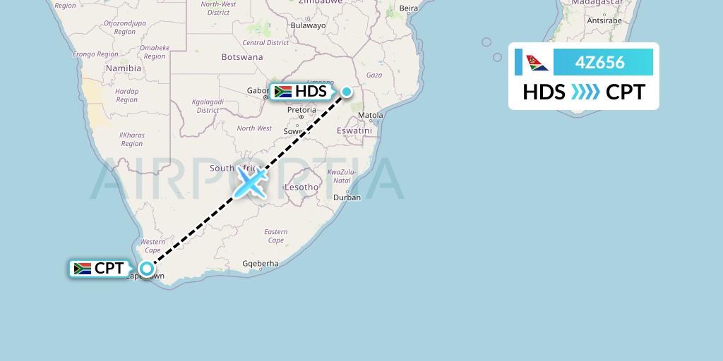 4Z656 Airlink Flight Map: Hoedspruit to Cape Town