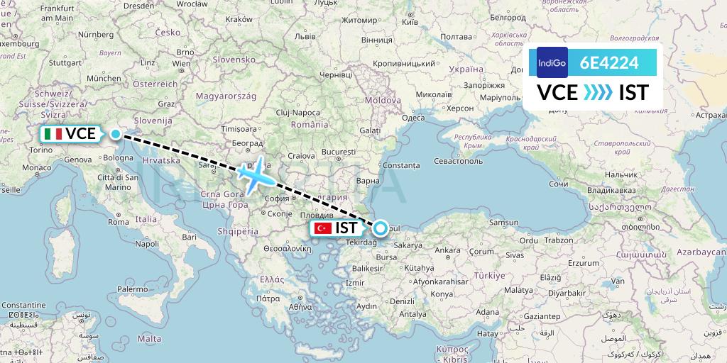6E4224 IndiGo Airlines Flight Map: Venice to Istanbul