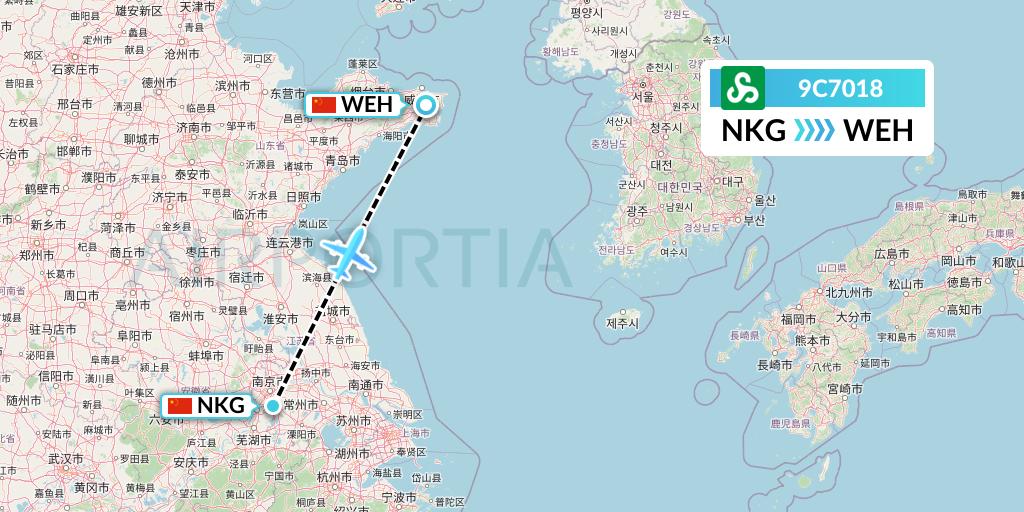 9C7018 Spring Airlines Flight Map: Nanjing to Weihai