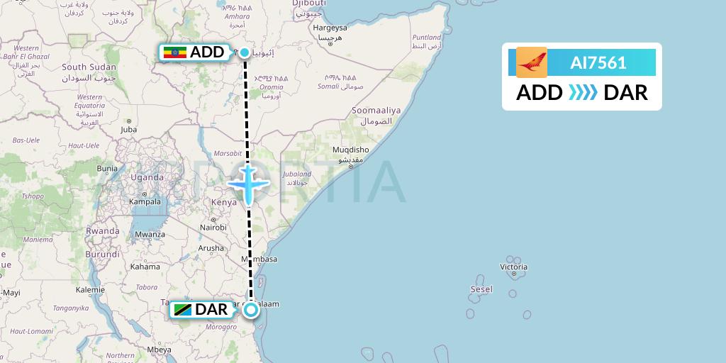 AI7561 Air India Flight Map: Addis Ababa to Dar-es-Salaam