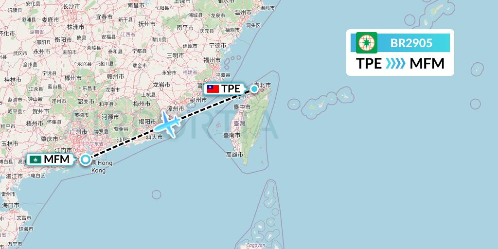 BR2905 EVA Air Flight Map: Taipei to Macau