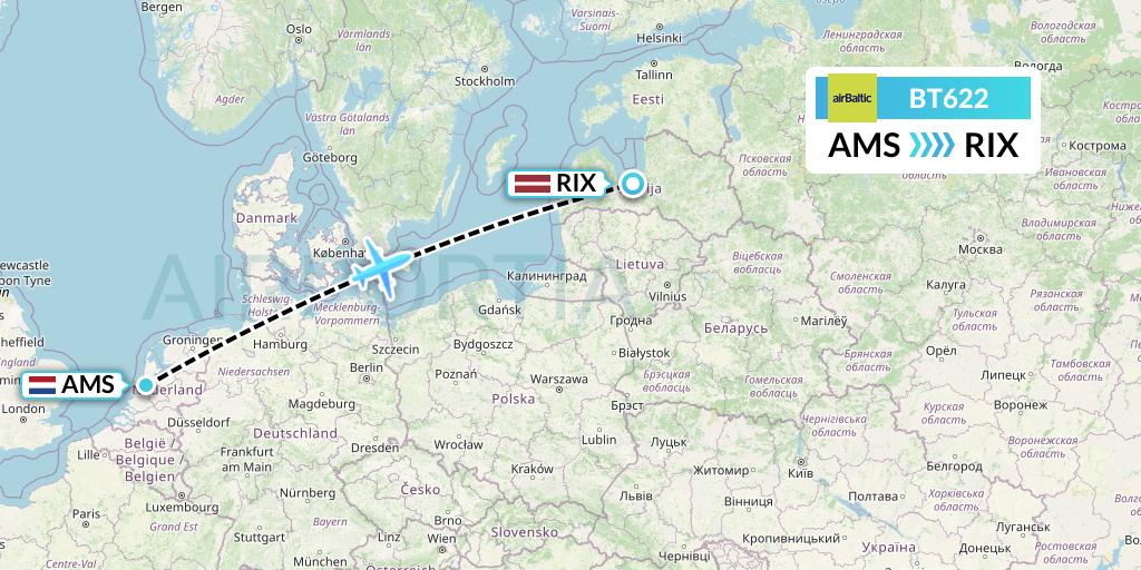 BT622 Air Baltic Flight Map: Amsterdam to Riga