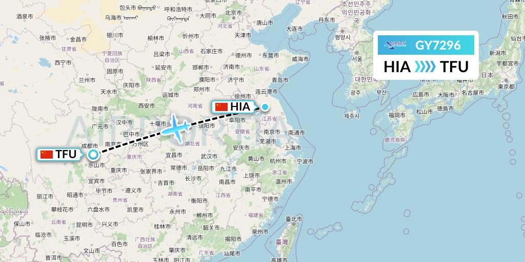 GY7296 Colorful GuiZhou Airlines Flight Map: Huai'an to Chengdu