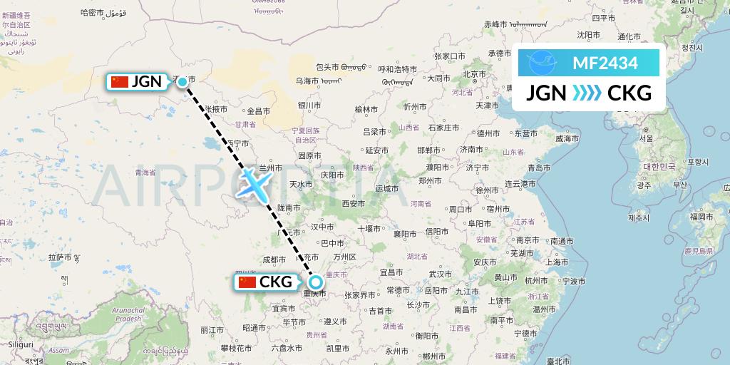 MF2434 Xiamen Airlines Flight Map: Jiayuguan to Chongqing